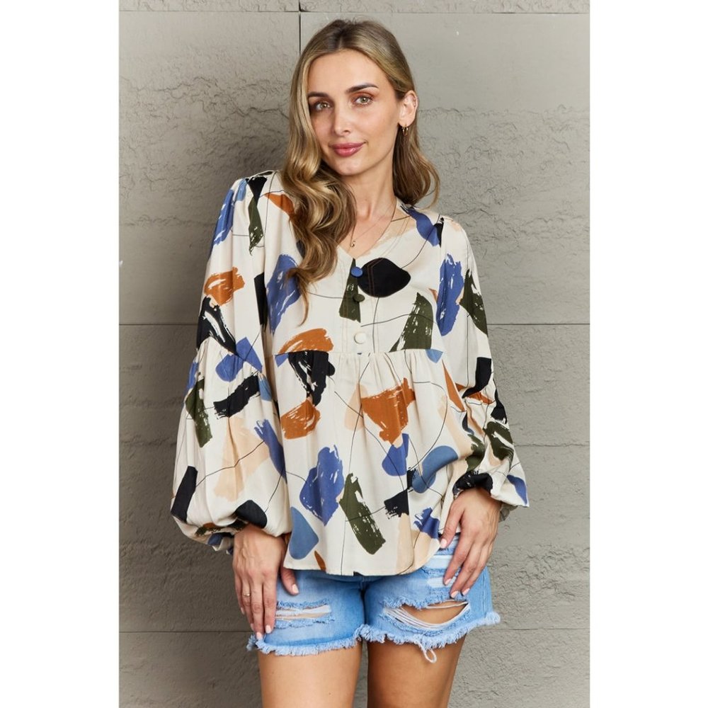 Multi Colored Printed Blouse w/ Lantern Sleeves Breathable Fabric Casual Formal